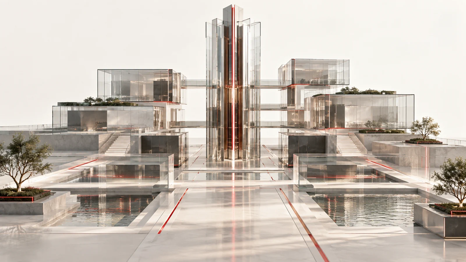 Abstract connected institutional campus with a restrained red coordination axis